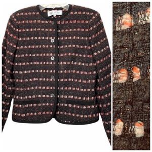 Worth Tweed  Knit Jacket Brown Paillettes Button Front Wool Blend Women's Size 0